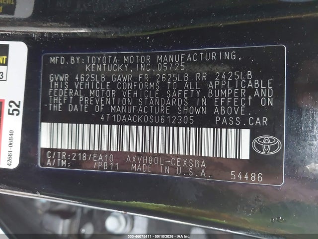 Продаж на аукціоні авто 2025 Toyota Camry Se, vin: 4T1DAACK0SU612305, номер лоту: 46075411