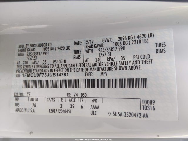 Ford ESCAPE S 2018 1FMCU0F73JUB14781 Image 8