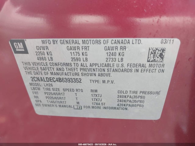 Aukcja sprzedaży 2011 Chevrolet Equinox 1lt, vin: 2CNALDEC4B6393352, numer aukcji: 46075423