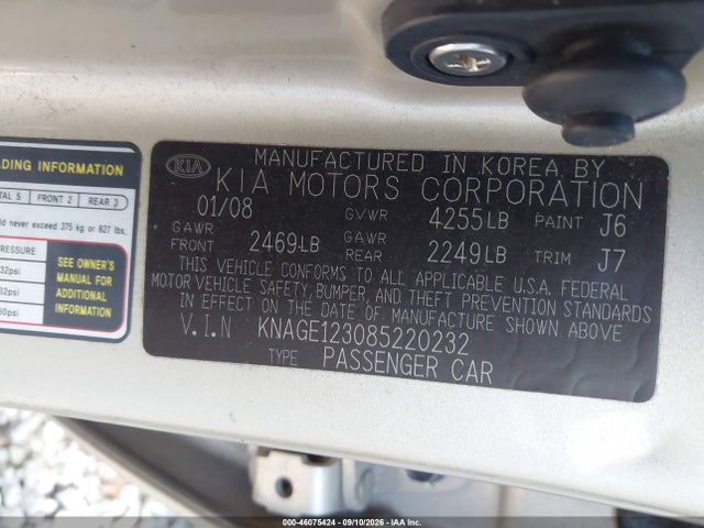 46075424 :رقم المزاد ، KNAGE123085220232 vin ، 2008 Kia Optima Lx مزاد بيع