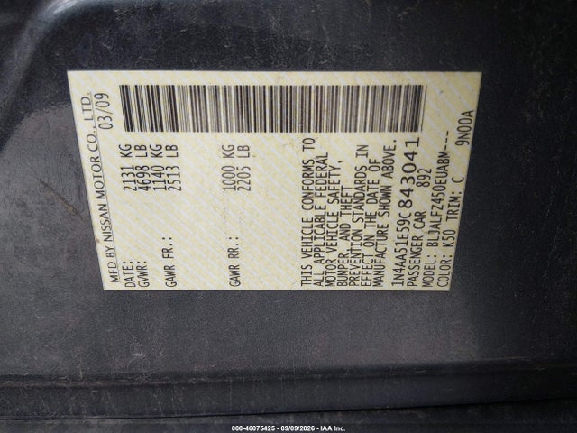 2009 Nissan Maxima 3.5 Sv მანქანა იყიდება აუქციონზე, vin: 1N4AA51E59C843041, აუქციონის ნომერი: 46075425