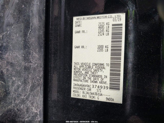 2019 Nissan Maxima 3.5 Sl მანქანა იყიდება აუქციონზე, vin: 1N4AA6AV4KC374939, აუქციონის ნომერი: 46075434