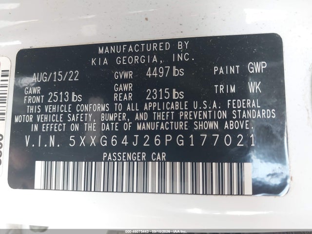 Aukcja sprzedaży 2023 Kia K5 Gt-line, vin: 5XXG64J26PG177021, numer aukcji: 46075443