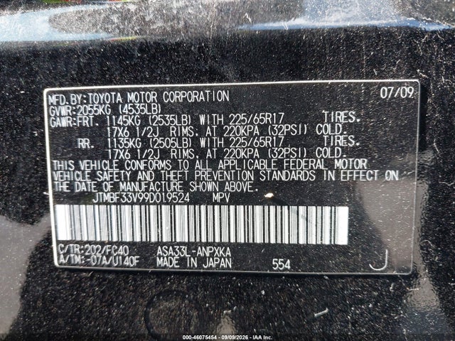 Aukcja sprzedaży 2009 Toyota Rav4, vin: JTMBF33V99D019524, numer aukcji: 46075454
