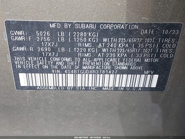 2024 Subaru Outback Wilderness მანქანა იყიდება აუქციონზე, vin: 4S4BTGUDXR3181427, აუქციონის ნომერი: 46075455