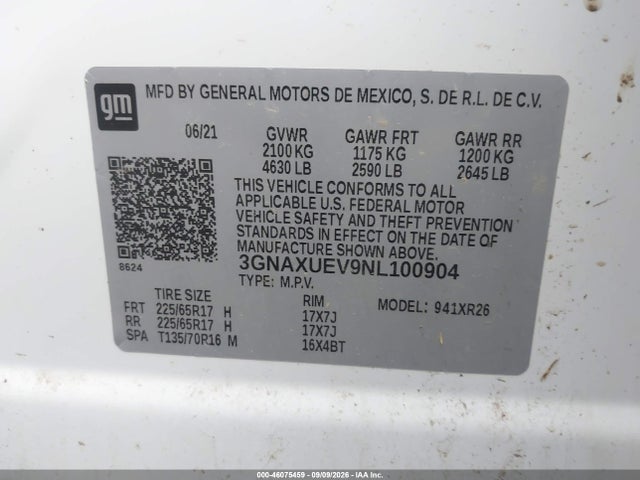 2022 Chevrolet Equinox Awd Lt მანქანა იყიდება აუქციონზე, vin: 3GNAXUEV9NL100904, აუქციონის ნომერი: 46075459