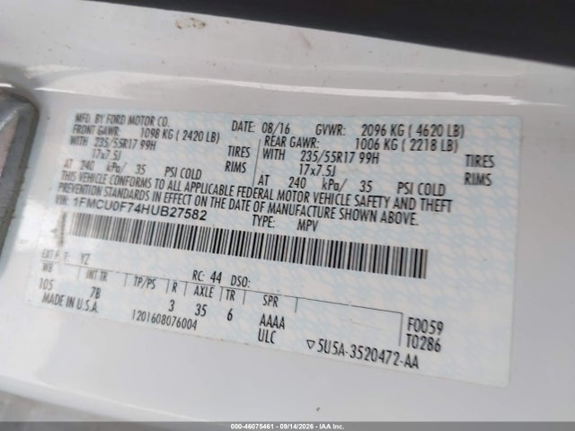 46075461 :رقم المزاد ، 1FMCU0F74HUB27582 vin ، 2017 Ford Escape S مزاد بيع