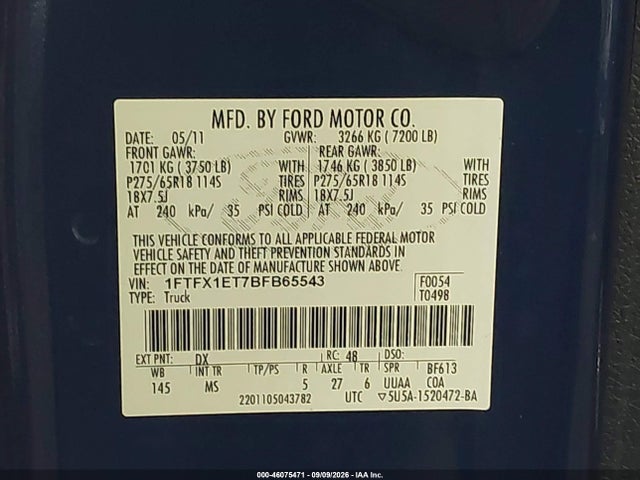 2011 Ford F-150 Xlt მანქანა იყიდება აუქციონზე, vin: 1FTFX1ET7BFB65543, აუქციონის ნომერი: 46075471