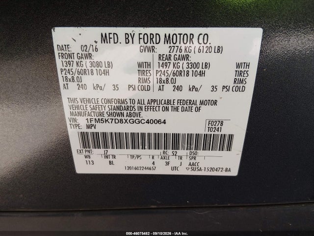 Aukcja sprzedaży 2016 Ford Explorer Xlt, vin: 1FM5K7D8XGGC40064, numer aukcji: 46075482