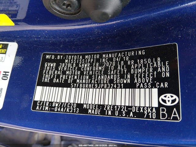 46075488 :رقم المزاد ، 5YFBURHE9JP832431 vin ، 2018 Toyota Corolla Se مزاد بيع