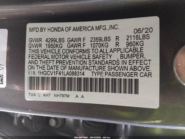 Продаж на аукціоні авто 2020 Honda Accord Ex, vin: 1HGCV1F41LA088314, номер лоту: 46075491