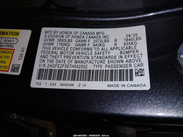 Honda Civic Sport 2026 2HGFE2F56TH592502 Image 9