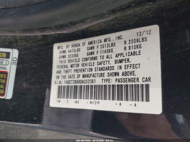 Aukcja sprzedaży 2013 Honda Accord Ex-l V-6, vin: 1HGCT2B86DA003361, numer aukcji: 46075506