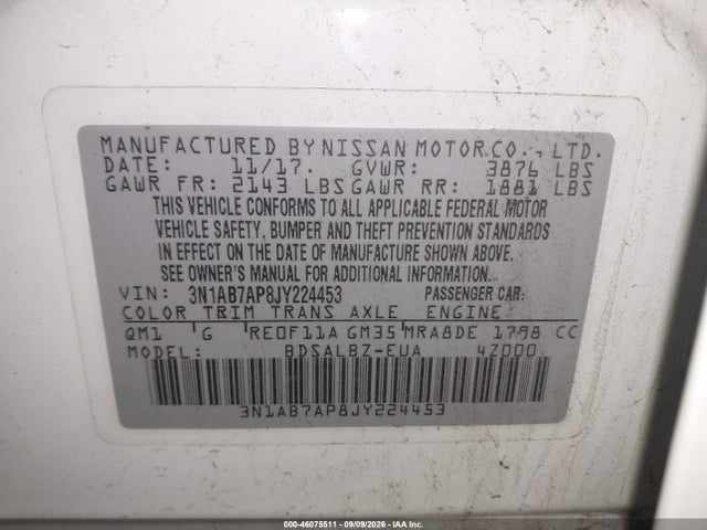 Aukcja sprzedaży 2018 Nissan Sentra S, vin: 3N1AB7AP8JY224453, numer aukcji: 46075511