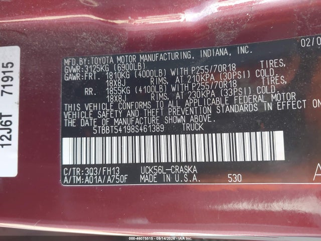 2008 Toyota Tundra Base 4.7l V8 მანქანა იყიდება აუქციონზე, vin: 5TBBT54198S461389, აუქციონის ნომერი: 46075515