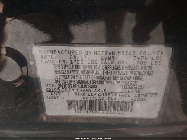 Продажа на аукционе авто 2018 Nissan Versa 1.6 S+, vin: 3N1CN7AP4JL808488, номер лота: 46075533