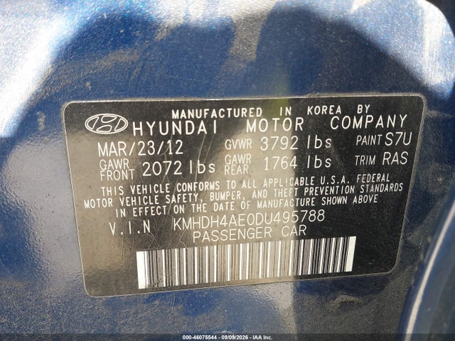 2013 Hyundai Elantra Gls მანქანა იყიდება აუქციონზე, vin: KMHDH4AE0DU495788, აუქციონის ნომერი: 46075544