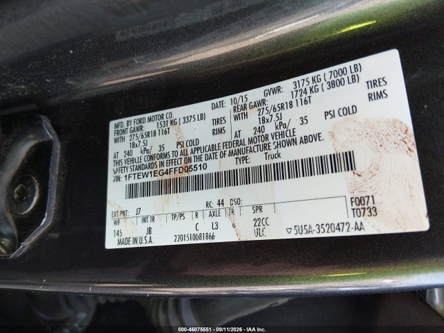 Продажа на аукционе авто 2015 Ford F-150 Xlt, vin: 1FTEW1EG4FFD05510, номер лота: 46075551