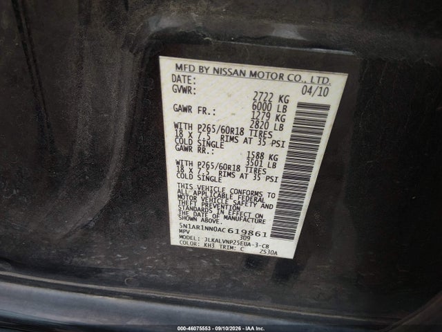 46075553 :رقم المزاد ، 5N1AR1NN0AC619861 vin ، 2010 Nissan Pathfinder Le مزاد بيع