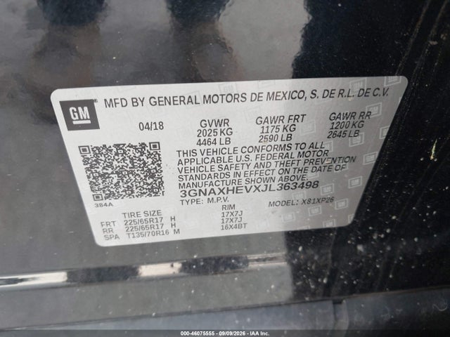 46075555 :رقم المزاد ، 3GNAXHEVXJL363498 vin ، 2018 Chevrolet Equinox Ls مزاد بيع