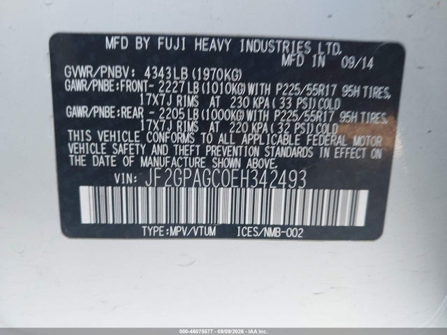 Aukcja sprzedaży 2014 Subaru Xv Crosstrek 2.0i Limited, vin: JF2GPAGC0EH342493, numer aukcji: 46075577