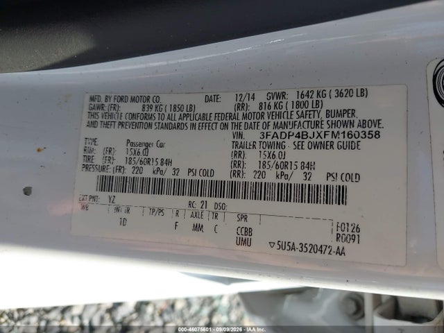 Продажа на аукционе авто 2015 Ford Fiesta Se, vin: 3FADP4BJXFM160358, номер лота: 46075601