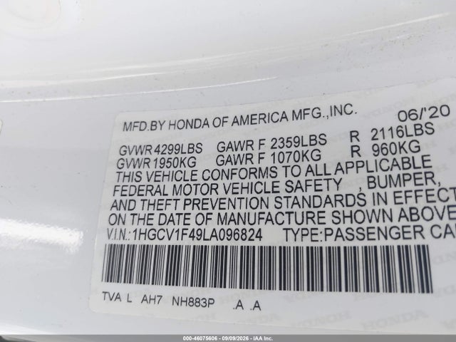 Продаж на аукціоні авто 2020 Honda Accord Ex, vin: 1HGCV1F49LA096824, номер лоту: 46075606