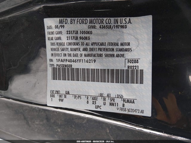 2000 Ford Mustang მანქანა იყიდება აუქციონზე, vin: 1FAFP4046YF116219, აუქციონის ნომერი: 46075620