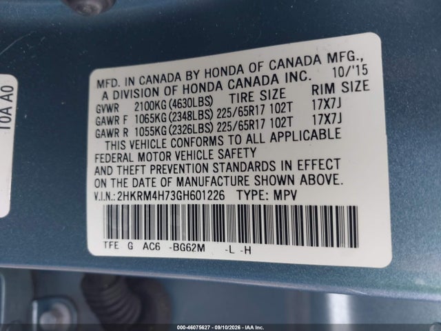 Продаж на аукціоні авто 2016 Honda Cr-v Ex-l, vin: 2HKRM4H73GH601226, номер лоту: 46075627