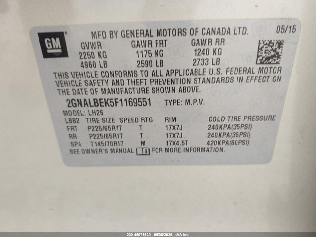 Продаж на аукціоні авто 2015 Chevrolet Equinox 1lt, vin: 2GNALBEK5F1169551, номер лоту: 46075630