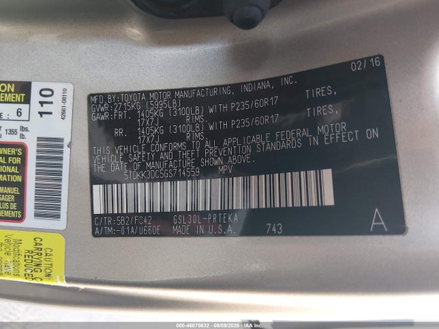5TDKK3DC5GS714559 Toyota Sienna Le 8 Passenger