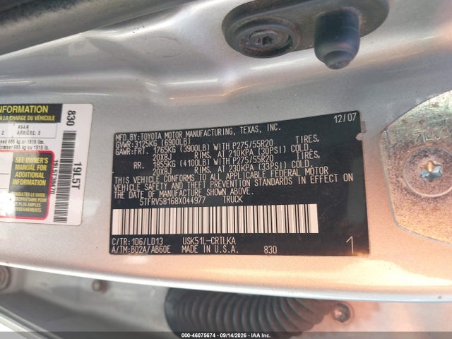 46075674 :رقم المزاد ، 5TFRV58168X044977 vin ، 2008 Toyota Tundra Limited 5.7l V8 مزاد بيع