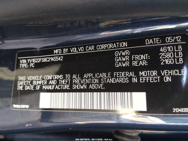 Aukcja sprzedaży 2012 Volvo S60 T5, vin: YV1622FS8C2145542, numer aukcji: 46075676