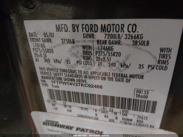 Aukcja sprzedaży 2007 Ford F-150 Fx4/lariat/xlt, vin: 1FTPW14V27KC92466, numer aukcji: 46075681