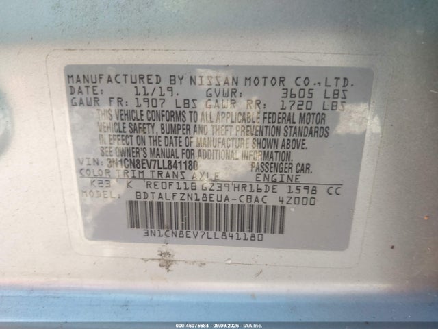 46075684 :رقم المزاد ، 3N1CN8EV7LL841180 vin ، 2020 Nissan Versa Sv Xtronic Cvt مزاد بيع
