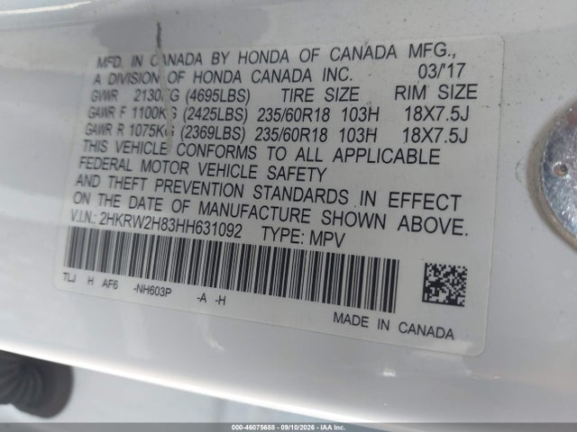 46075688 :رقم المزاد ، 2HKRW2H83HH631092 vin ، 2017 Honda Cr-v Ex-l/ex-l Navi مزاد بيع