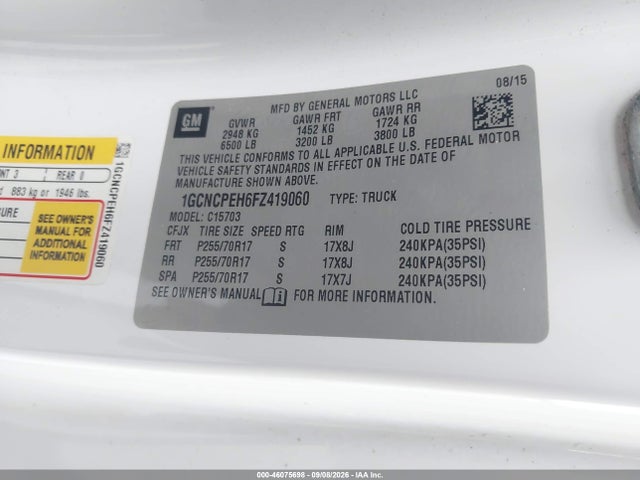 Aukcja sprzedaży 2015 Chevrolet Silverado 1500 Wt, vin: 1GCNCPEH6FZ419060, numer aukcji: 46075698