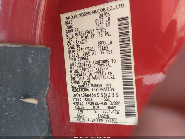 Продаж на аукціоні авто 2006 Nissan Titan Xe, vin: 1N6BA06B46N559235, номер лоту: 46075703