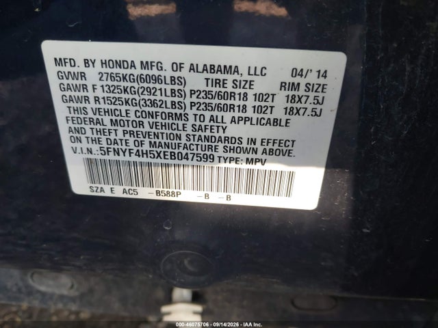 Продаж на аукціоні авто 2014 Honda Pilot Ex-l, vin: 5FNYF4H5XEB047599, номер лоту: 46075706