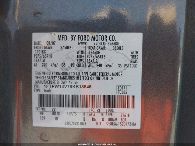 2008 Ford F-150 Fx4 მანქანა იყიდება აუქციონზე, vin: 1FTPW14V78KB18846, აუქციონის ნომერი: 46075724