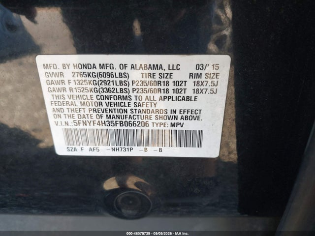 Aukcja sprzedaży 2015 Honda Pilot Se, vin: 5FNYF4H35FB066206, numer aukcji: 46075739