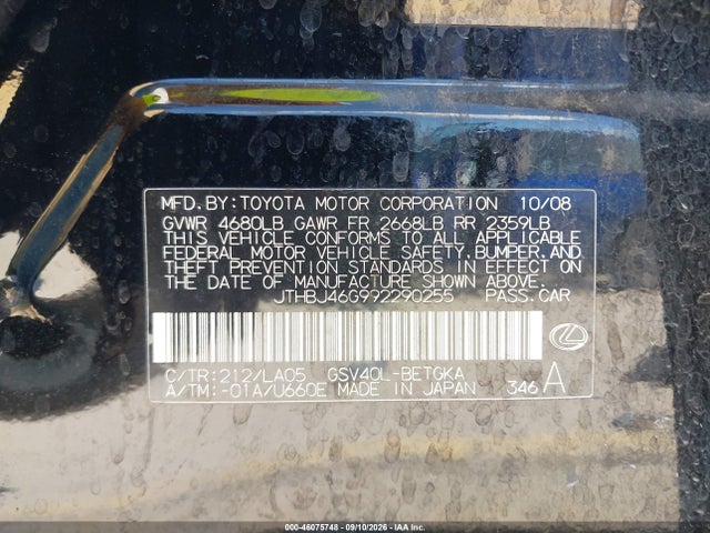 Aukcja sprzedaży 2009 Lexus Es 350, vin: JTHBJ46G992290255, numer aukcji: 46075748