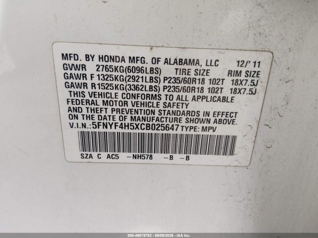Продажа на аукционе авто 2012 Honda Pilot Ex-l, vin: 5FNYF4H5XCB025647, номер лота: 46075763