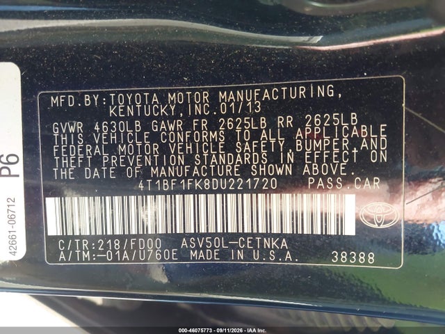46075773 :رقم المزاد ، 4T1BF1FK8DU221720 vin ، 2013 Toyota Camry Le مزاد بيع
