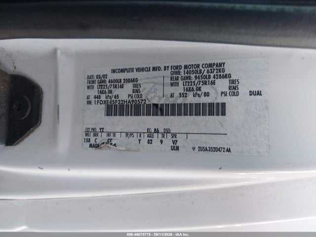46075775 :رقم المزاد ، 1FDXE45F32HA90572 vin ، 2002 Ford E-450 Cutaway Standard مزاد بيع