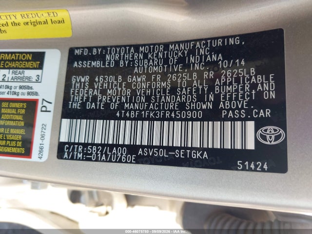 Aukcja sprzedaży 2015 Toyota Camry Xle, vin: 4T4BF1FK3FR450900, numer aukcji: 46075780