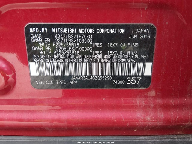 46075781 :رقم المزاد ، JA4AR3AU4GZ055290 vin ، 2016 Mitsubishi Outlander Sport 2.0 Es مزاد بيع