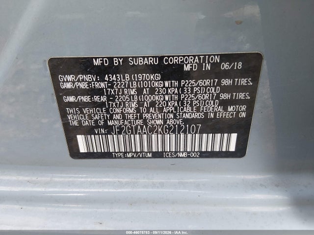 Aukcja sprzedaży 2019 Subaru Crosstrek 2.0i, vin: JF2GTAAC2KG212107, numer aukcji: 46075783