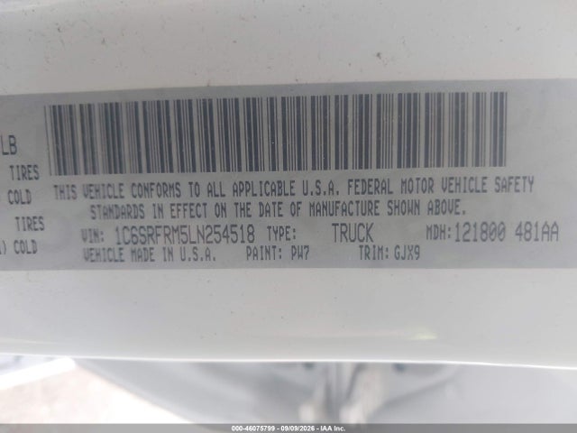 Aukcja sprzedaży 2020 Ram 1500 Laramie  4x4 6'4 Box, vin: 1C6SRFRM5LN254518, numer aukcji: 46075799