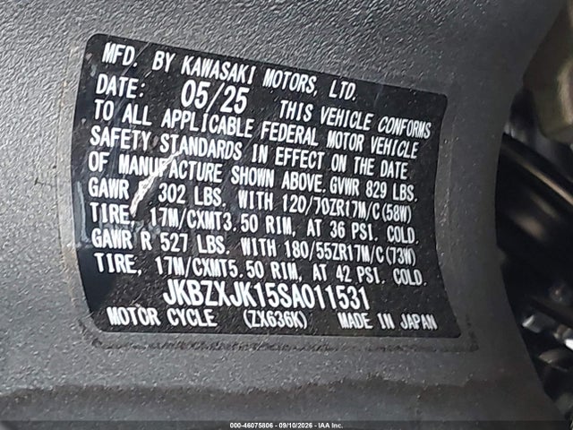 2025 Kawasaki Zx636 K მანქანა იყიდება აუქციონზე, vin: JKBZXJK15SA011531, აუქციონის ნომერი: 46075806